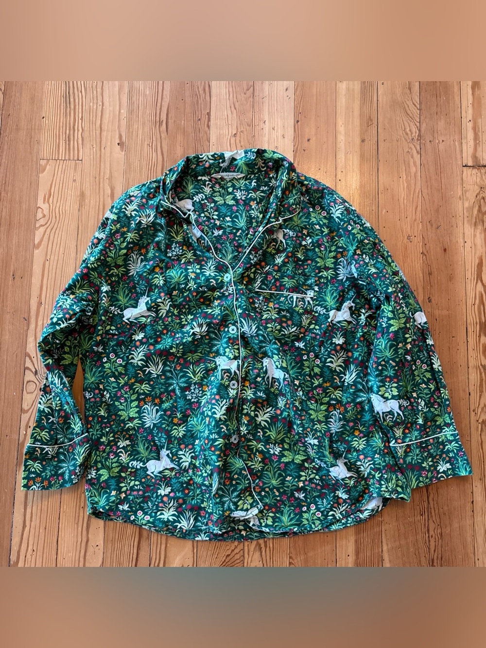 Print Fresh XL Unicorn Garden Pajama TOP Long Sleeve Shirt Organic Cotton Green